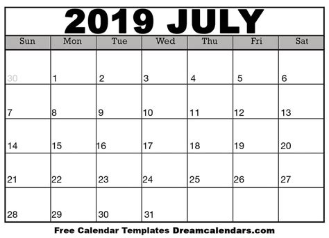 July Printable Calendar 2019